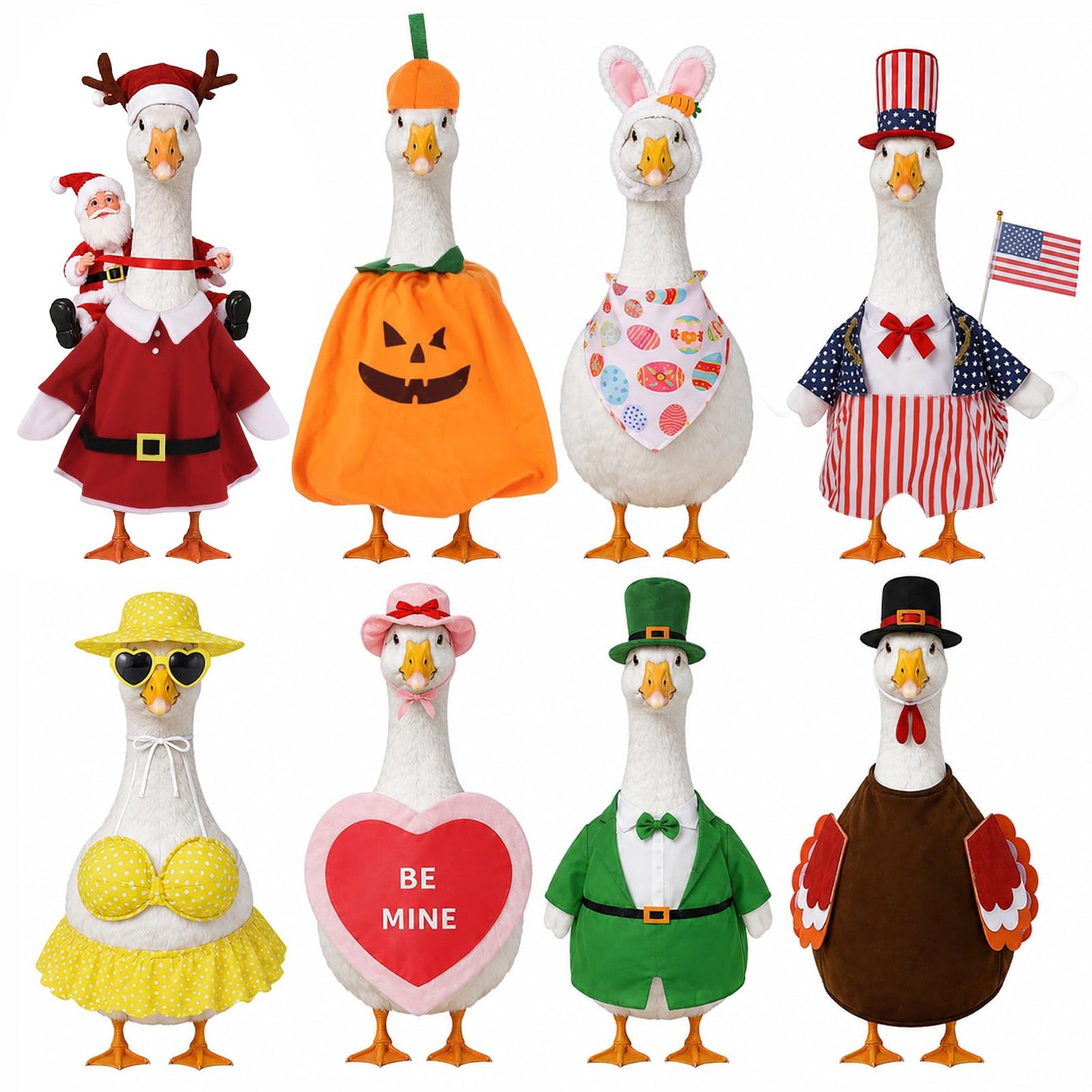 Cidomax 8 Set Holiday Porch Goose Outfits for 23 in Statue, All Seasons Bundle for Valentine St. Patrick Easter Summer Halloween Christmas, Lawn Goose Outfits for Patio Yard Decor