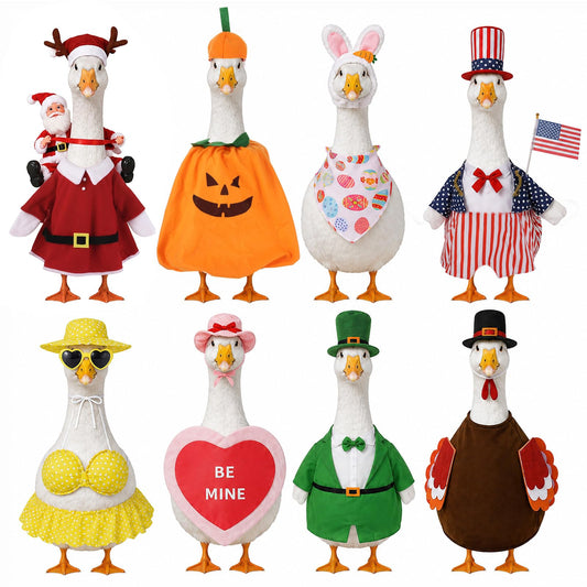 Cidomax 8 Set Holiday Porch Goose Outfits for 23 in Statue, All Seasons Bundle for Valentine St. Patrick Easter Summer Halloween Christmas, Lawn Goose Outfits for Patio Yard Decor
