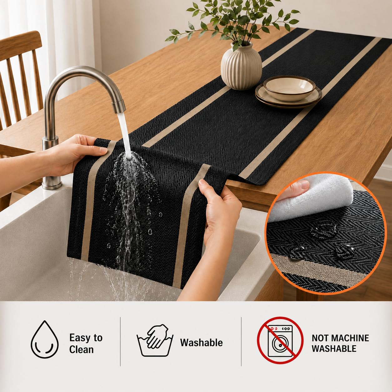 FAVE Woven Vinyl Table Runner Black Table Runner Woven with Golden Threads 72x12 Inches Wipeable Waterproof Dining Table Mats for Wedding, Banquets,Party, Restaurant (Black-72x12)