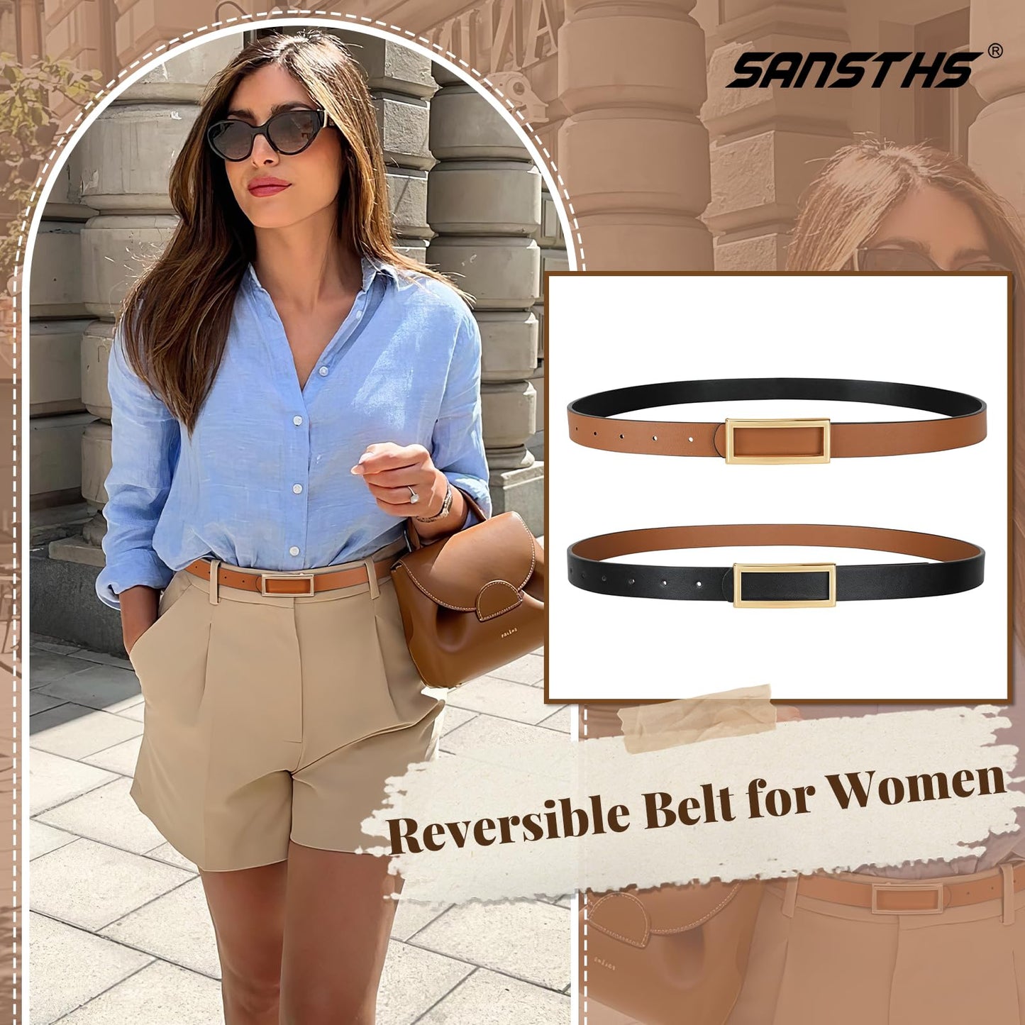 SANSTHS Skinny Reversible Belts for Women, Two-in-one Women Thin Belt for Dresses Jeans Pants with Gold Buckle, Black/Brown XS