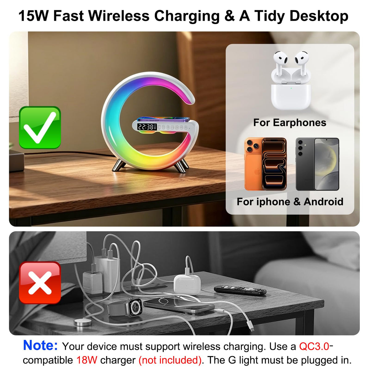 Smart LED Table Lamp with Bluetooth Speaker, Fast Wireless Charger, RGB Night Light, Sunrise Alarm Clock & App Control Bedside Atmosphere Lamp for Bedroom Office Home Decor, Teen Girls Boys Gifts