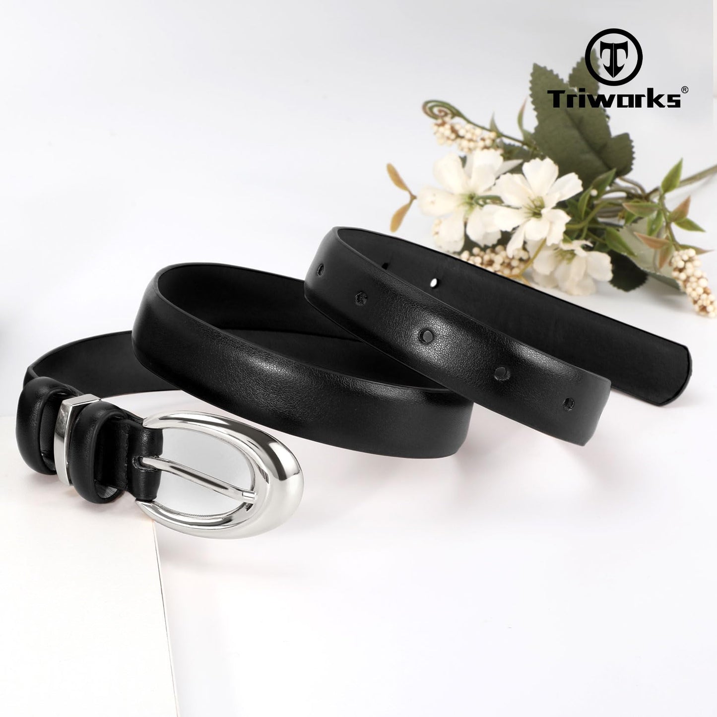 TRIWORKS 2 Pack Women Leather Belt for Jeans Pants Fashion Ladies Skinny Faux Leather Belt with Silver Buckle