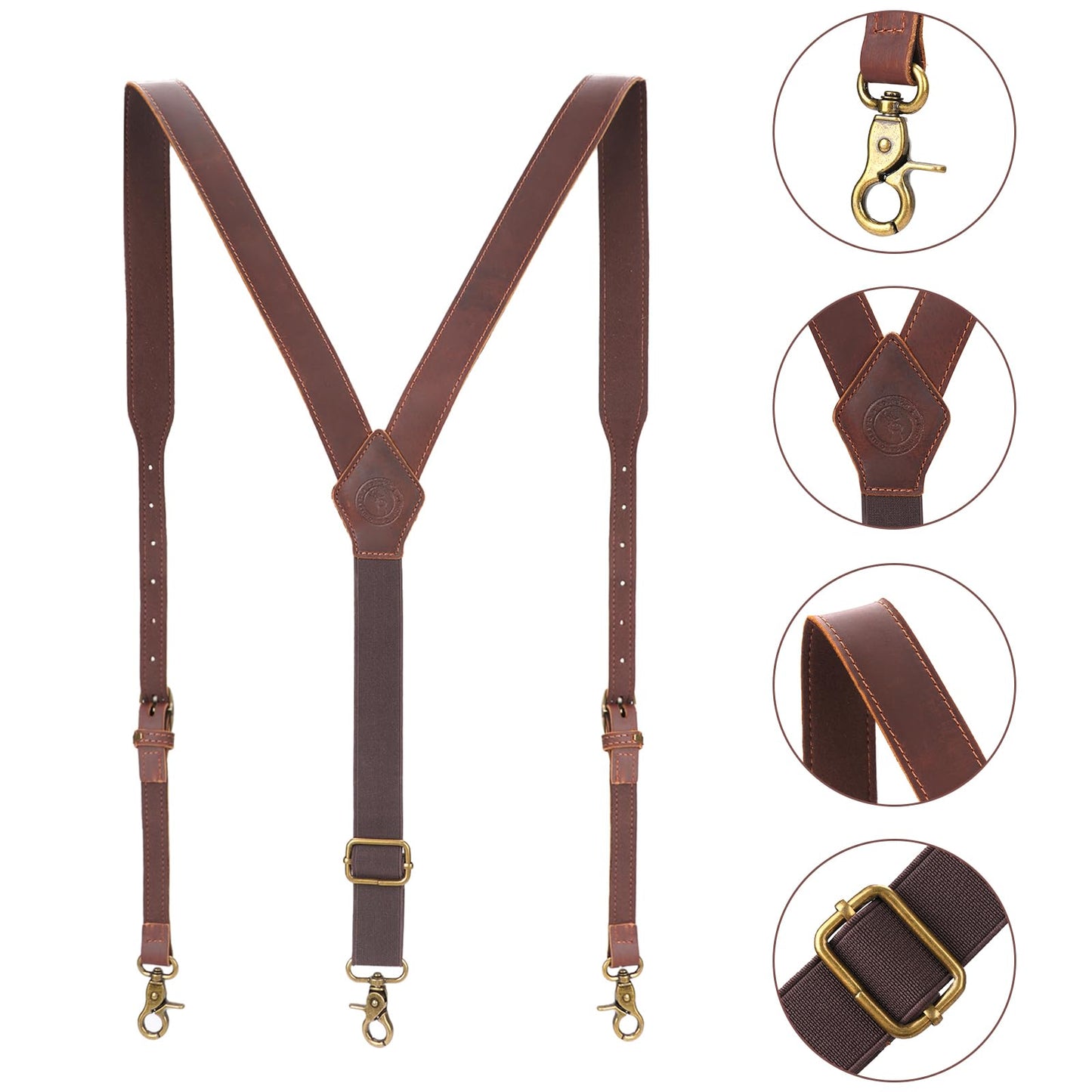 Tourbon Genuine Leather Suspenders for Men Heavy Duty Y Back Design Adjustable Straps with 3 Metal Snap Hooks, Brown