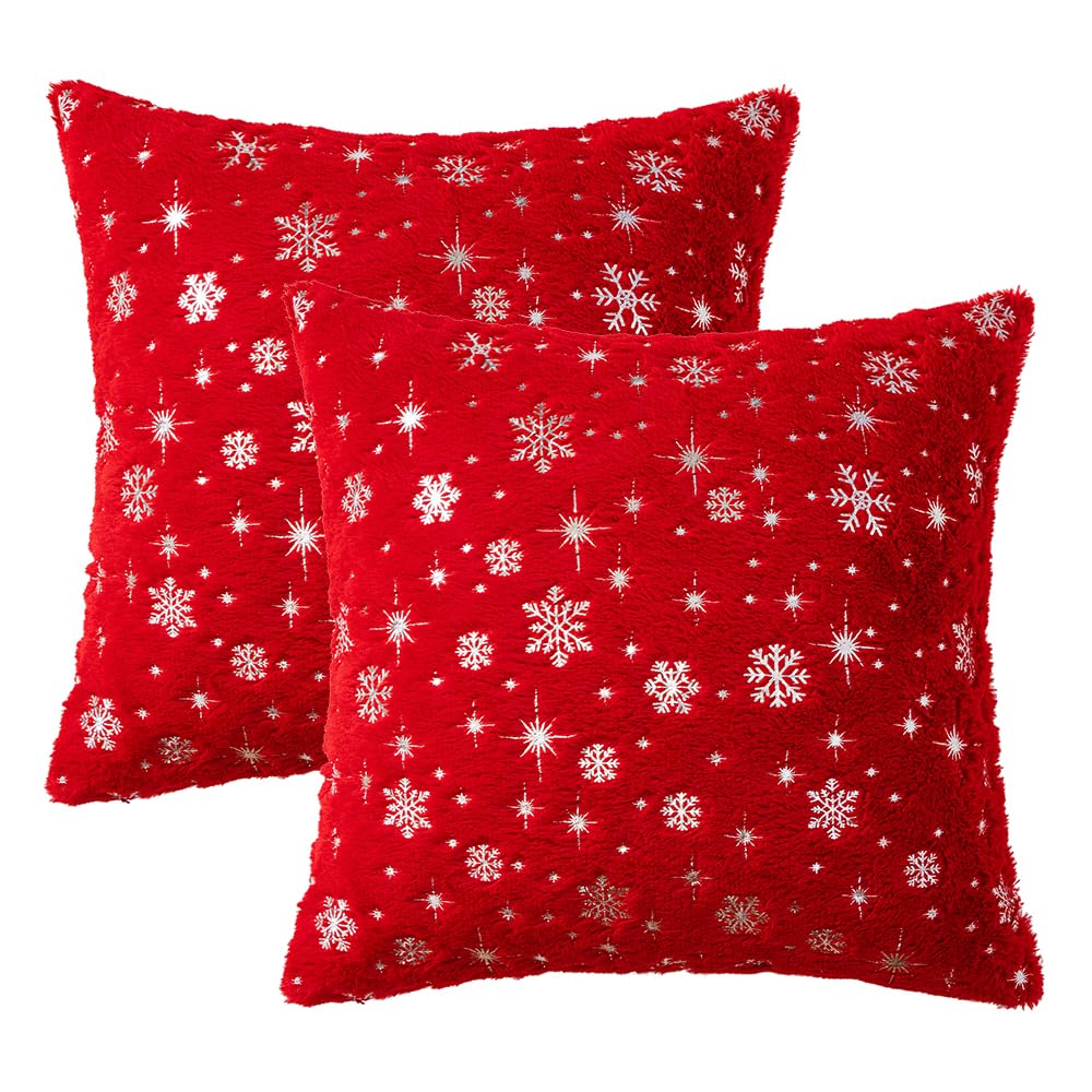 MIULEE Set of 2 Christmas Decorative Throw Pillow Covers Soft Faux Fur Winter Pillow Covers with Silver Snowflake Glitter Holiday Festival Pillowcases for Couch Sofa Bed, 18×18inch, Red
