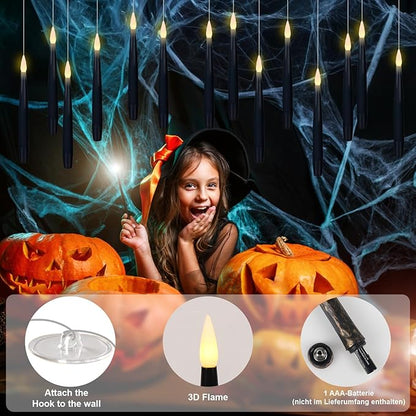 GenSwin 22pcs Flameless Floating Candle with Magic Wand Remote Timer, Battery Operated Hanging Window Candles Flickering, 6.1" LED Electric Candles for Christmas Halloween Decorations(Black)
