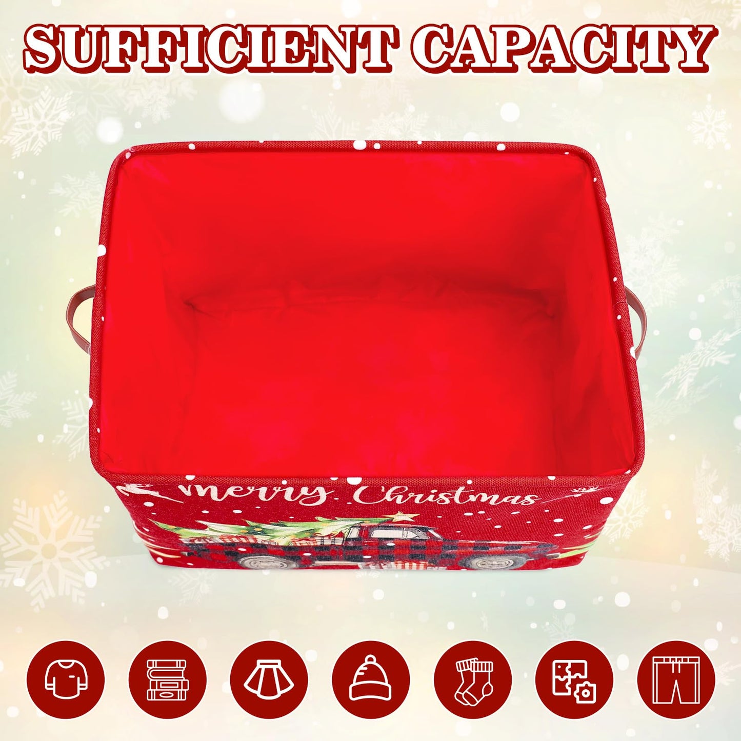 FYSUIMU Christmas Storage Basket with Handles Plaid Truck Xmas Tree Cube Storage Bin Foldable Fabric Container Organizer Box for Home Office Dorm Closet Shelf Toy