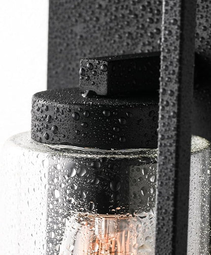 mirrea 18" Dusk to Dawn Outdoor Wall Sconce 1 Light in Cylinder Glass Shade and Matte Black Rectangular Metal Frame Waterproof Porch Light Patio Light Pack of 2