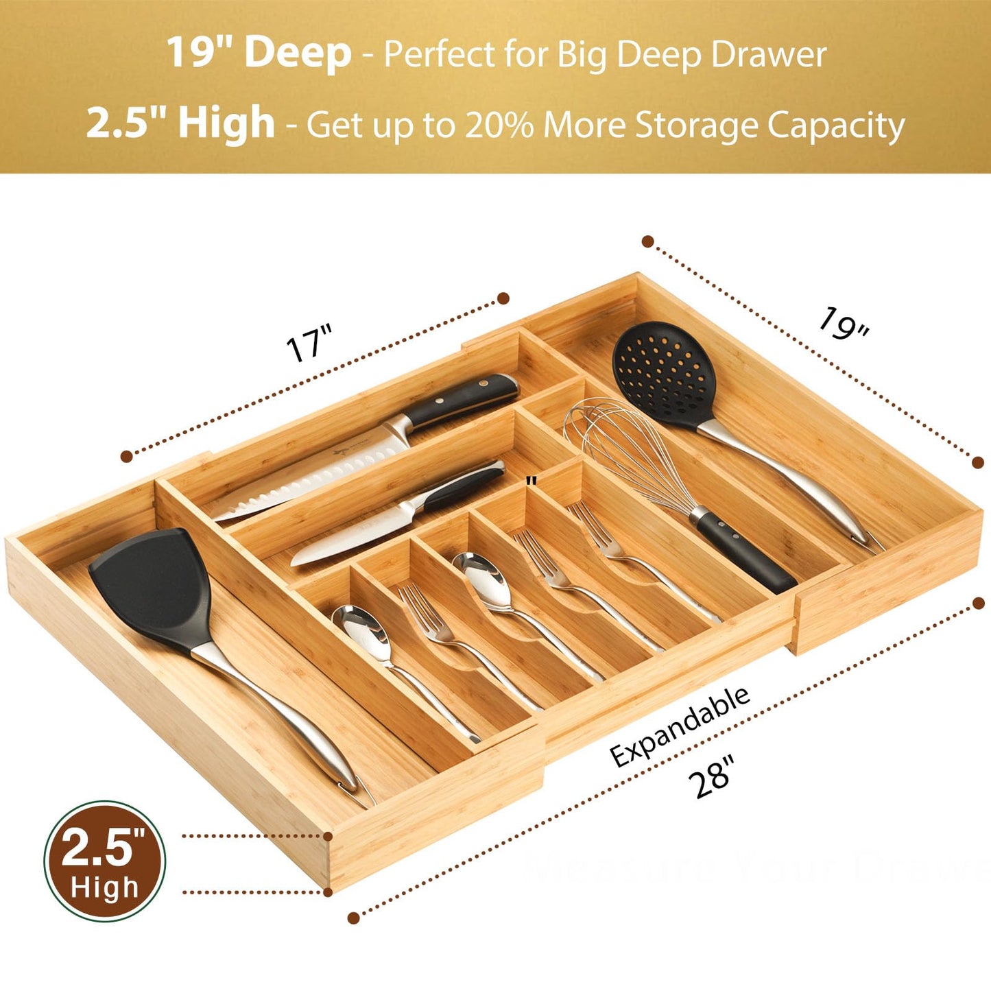 Umilife Bamboo Kitchen Drawer Organizer, 13 Inch Silverware Utensil Tray Holder, Extra Deep Grooved Drawer Divider, 7 Slots Total Bamboo Wood Caddy for Flatware Cutlery Knives, Forks, Spoons