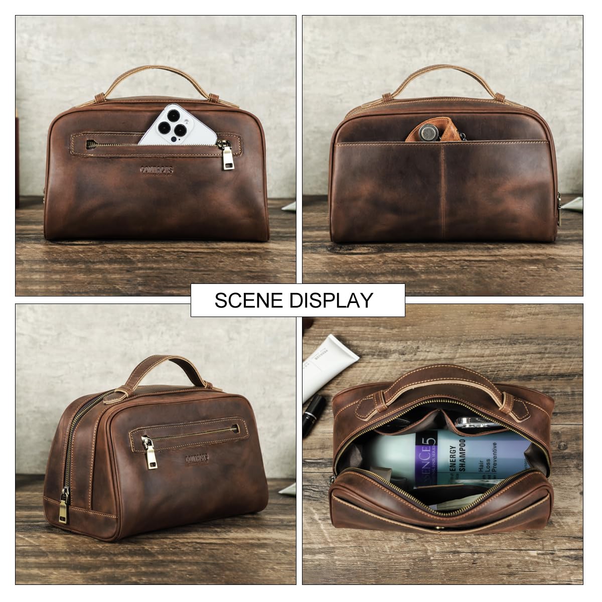 Contacts Full Grain Leather Travel Toiletry Bag for Men Wash Bag Bathroom Shaving Dopp Kit Toiletries Organizer Vintage Cosmetic Bag