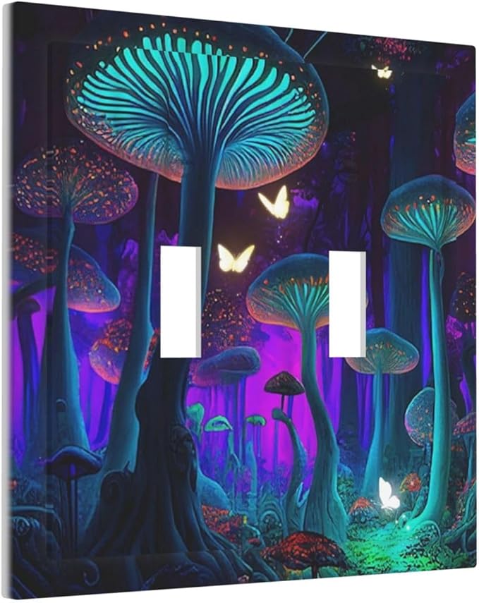 Fantasy Mushroom Forest Glowing Butterfly Double Toggle Light Switch Cover Decorative 2 Gang Wall Plate Electrical Switchplate Faceplate for Bathroom Kitchen Decorate Accessories