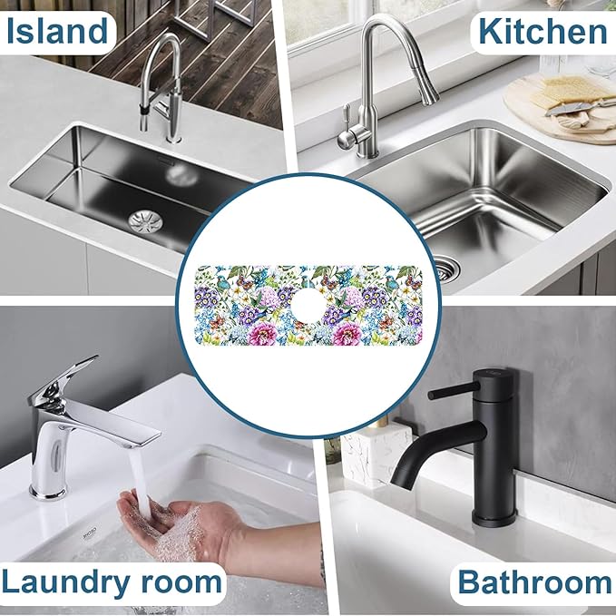 Beautiful Floral Kitchen Sink Splash Guard Faucet Mat Flower Bird Butterfly