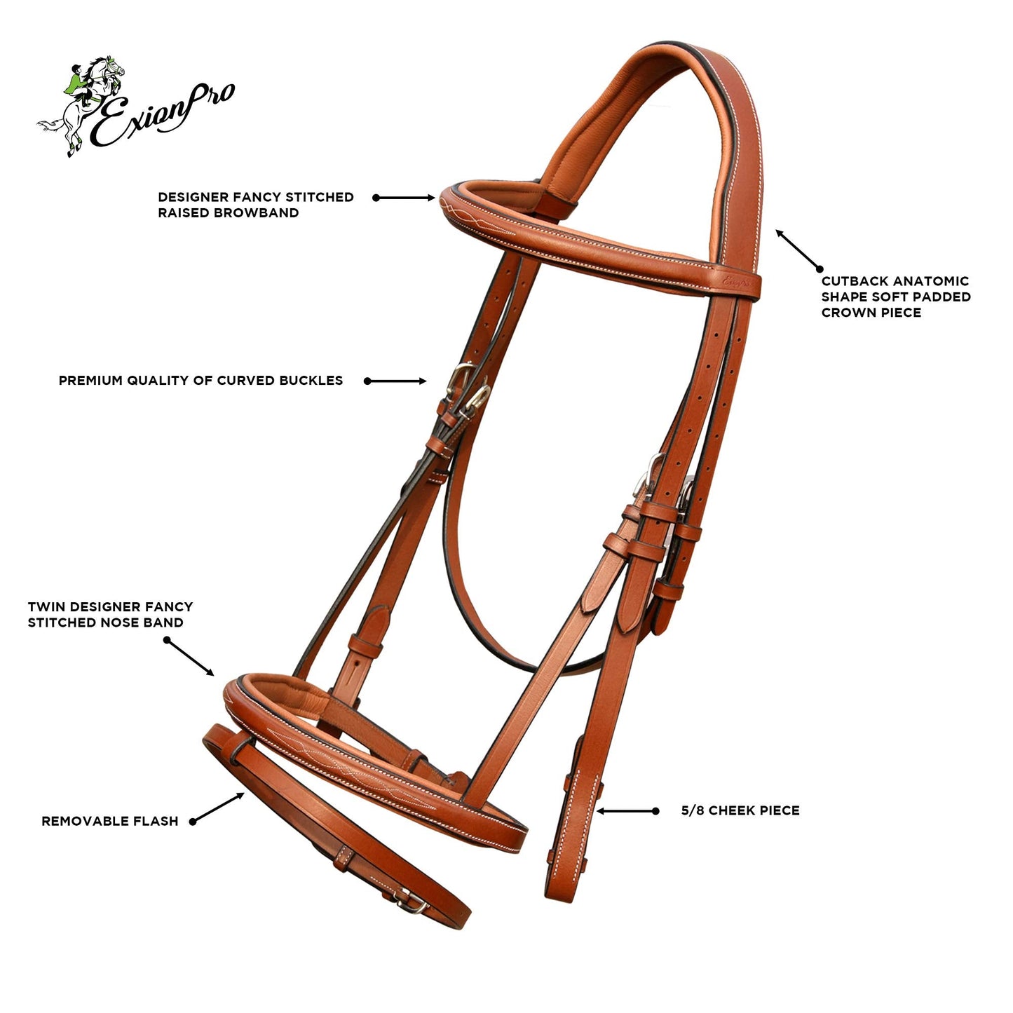 ExionPro English Jumping Bridle with Flash & Rubber Reins – Anatomical Padded Horse Bridle – Premium Leather Designer Stitched Hunter Jumper Tack – SS Buckles – Pony, Cob, Full, Warmblood