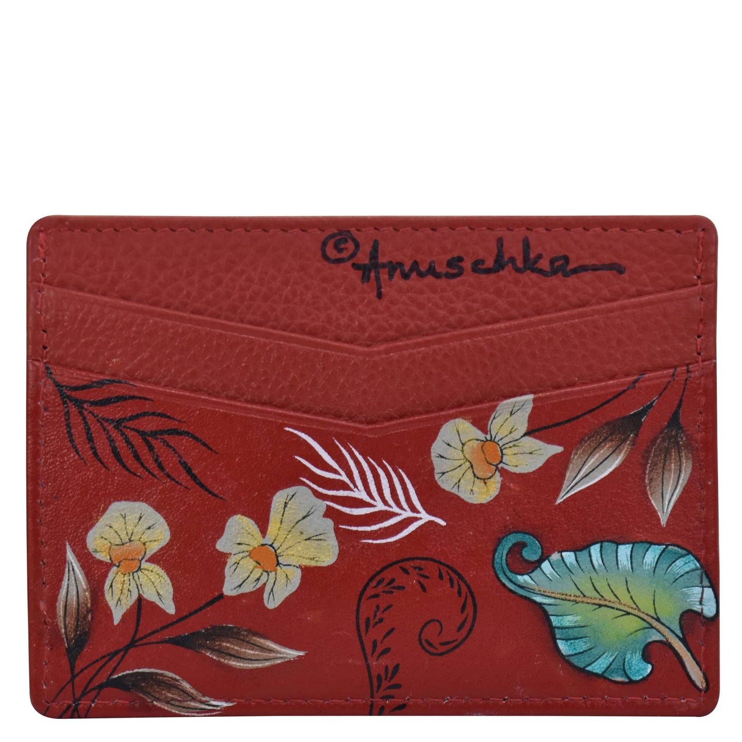 Anuschka Women’s Leather Card Holder – Hand-Painted Genuine Leather Card Holder with 4 Slots - 1032, Crimson Garden
