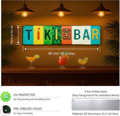 Tiki Bar All-Aluminum Metal Sign – Tropical Wall Decor for Home Bar, Patio, Poolside, Garden, Outdoor Party Decorations – 16 x 4 Inch