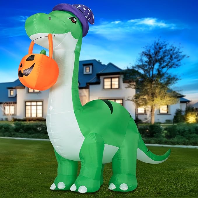 10FT Halloween Inflatable Huge Dinosaur Decorations Outdoor, Blow Up Yard Decorations Built-in LED Lights,Halloween Party Decorations with Witch Hat and Pumpkin,for Garden/Lawn.