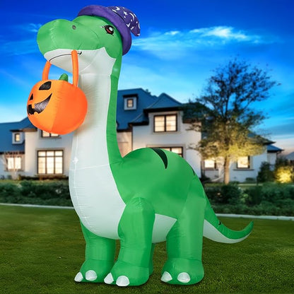 10FT Halloween Inflatable Huge Dinosaur Decorations Outdoor, Blow Up Yard Decorations Built-in LED Lights,Halloween Party Decorations with Witch Hat and Pumpkin,for Garden/Lawn.
