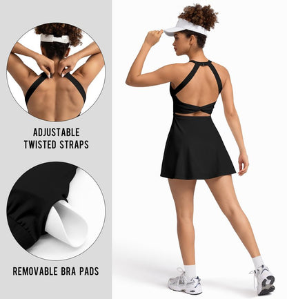 MIRITY Womens Activewear Tennis Dress - Built in Shorts with Pockets and Bra Golf Athletic Workout Dresses Black Medium