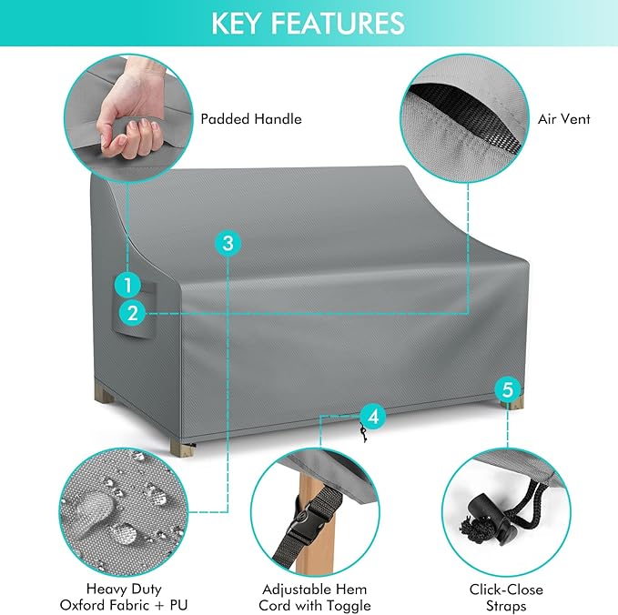WLEAFJ Patio Sofa Cover Waterproof, Outdoor Loveseat Cover, Heavy Duty Deep Lounge Loveseat Cover, Large Lawn Patio Furniture Covers with Air Vent, 70’’ W x 38’’ D x 31’’ H, Grey