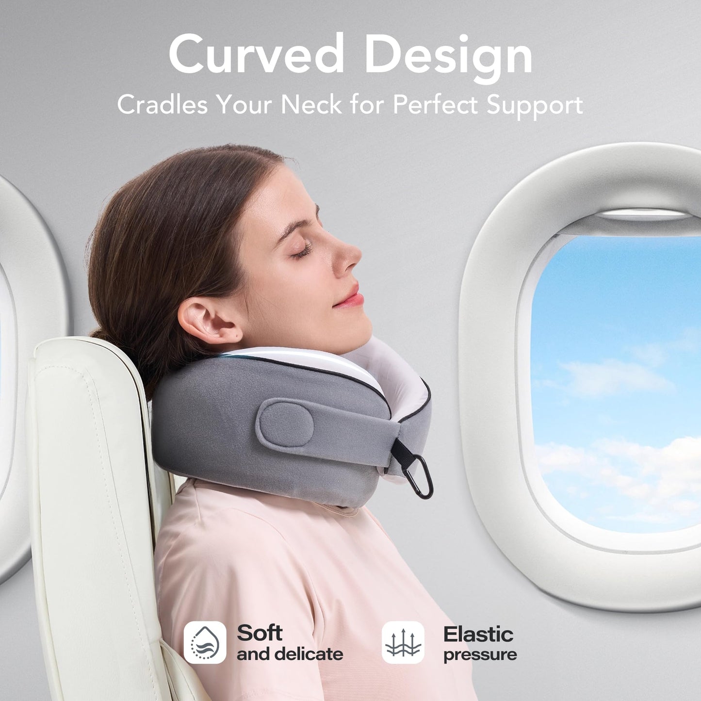 Travel Pillow, 100% Pure Memory Foam Travel Neck Pillow Airplane Neck Support Ergonomic Design for Traveling Suitable for Airplanes,Offices and Cars-Grey