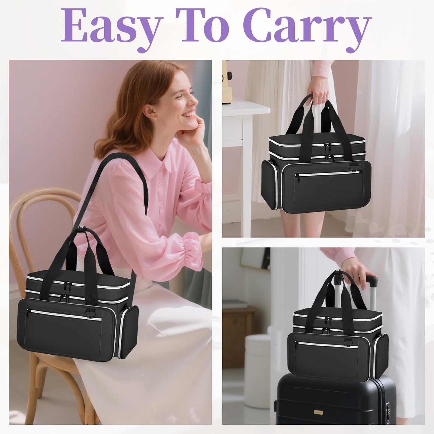Anitor Large Sewing Supplies Organizer, Double Layer Sewing Storage Organizer with Two Detachable Dividers, Travel Sewing Bag Organizer with Shoulder Strap for Accessories, Black, (Bag Only)