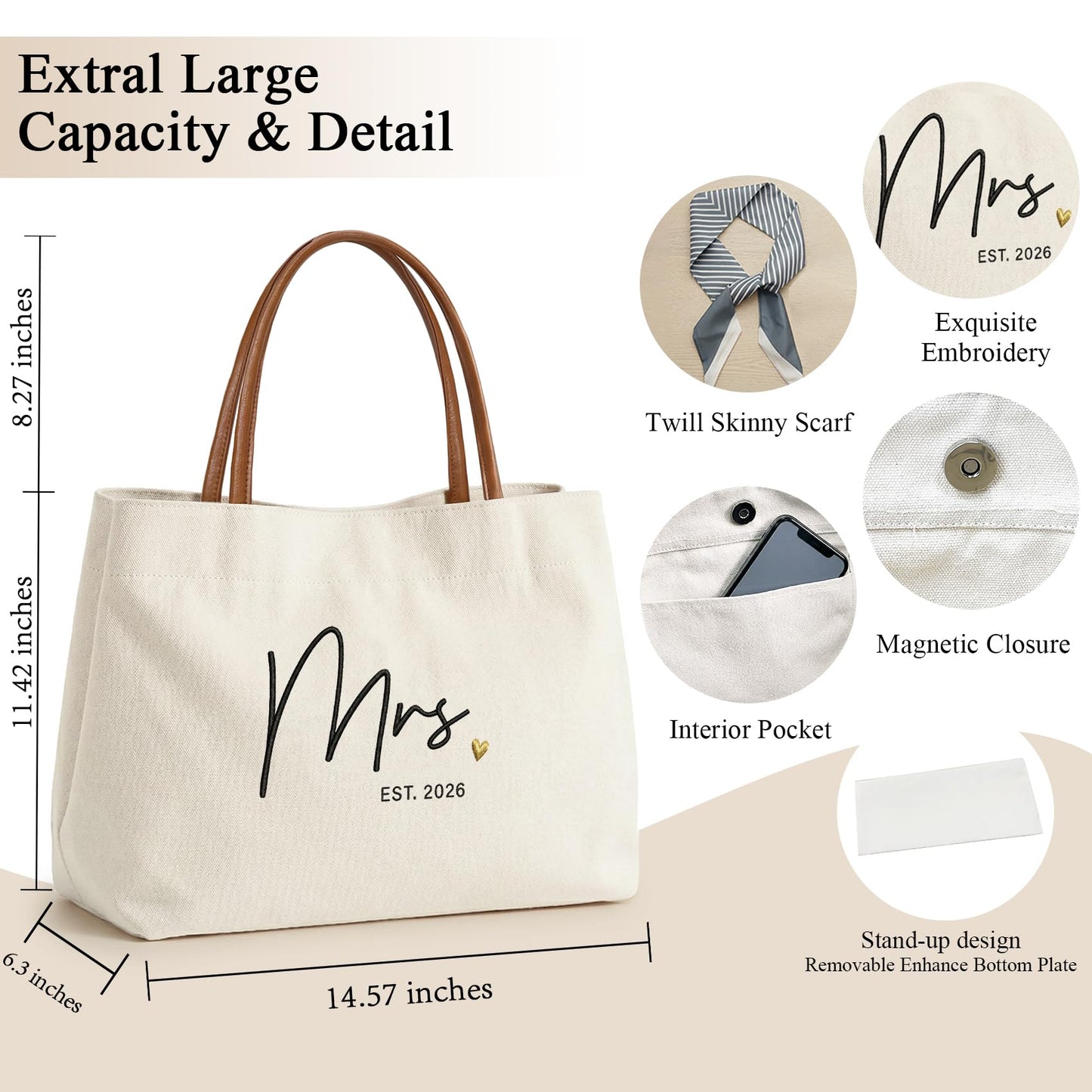Ugiftcorner Mrs Gifts for Bride Tote Bag 2026, Embroidered Canvas Wedding Essential Bag with Leather Handle & Pocket, Bridal Shower Gift for Bride to Be, Bachelorette Honeymoon Future Mrs Beach Bag