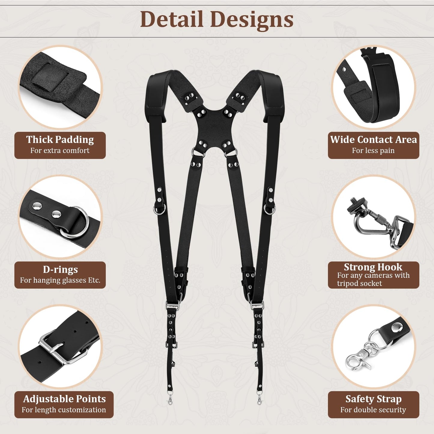 Jumyee Double Camera Harness for 2 Cameras, Adjustable Dual Shoulder Leather Camera Strap for DSLR/SLR(Black Leather)