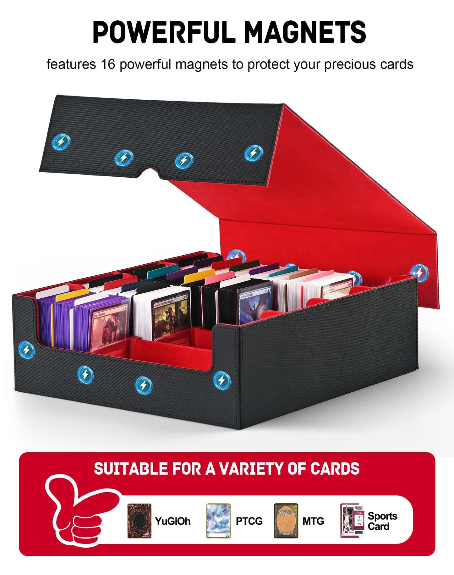 ZLCA Card Storage Box for MTG PTCG, Commander Deck Box Holds 3200+ Cards, Trading Card Storage Case with 4 Stoppers, Card Organizer for TCG Sport Cards(Black&Red)