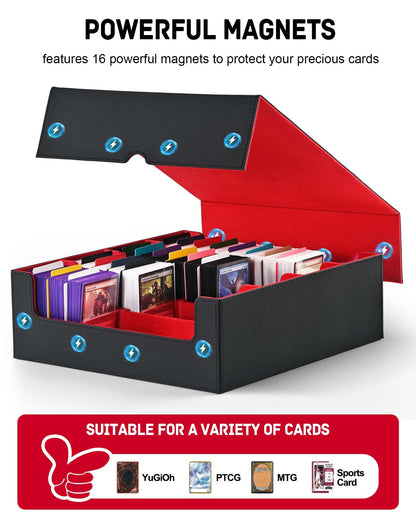 ZLCA Card Storage Box for MTG PTCG, Commander Deck Box Holds 3200+ Cards, Trading Card Storage Case with 4 Stoppers, Card Organizer for TCG Sport Cards(Black&Red)