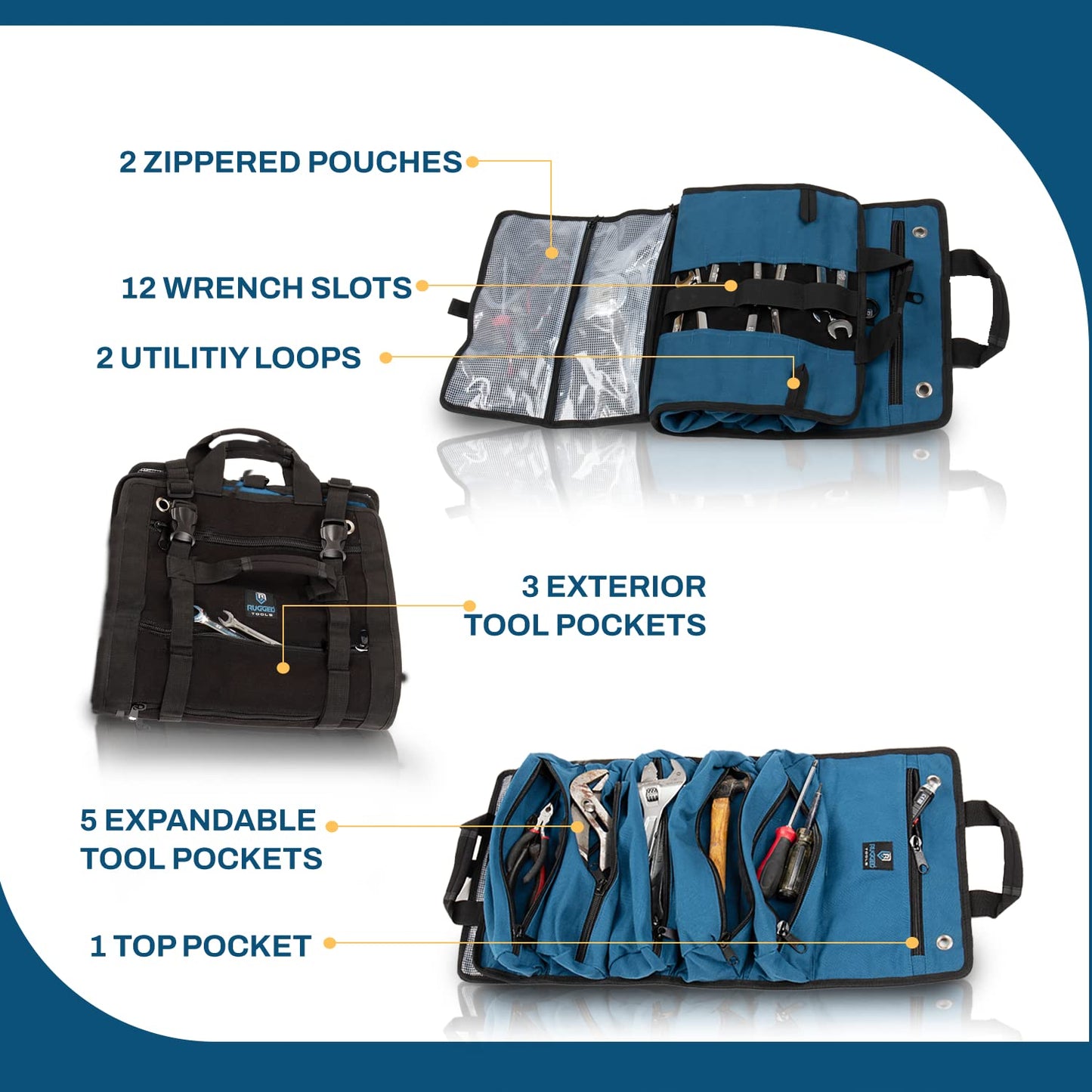 Rugged Tools Titan23-XL Tool Roll - Wrench Roll & Organizer - Canvas Tool Bag & Tool Pouch for Electrician, HVAC, Plumber, Carpenter or Auto Mechanic