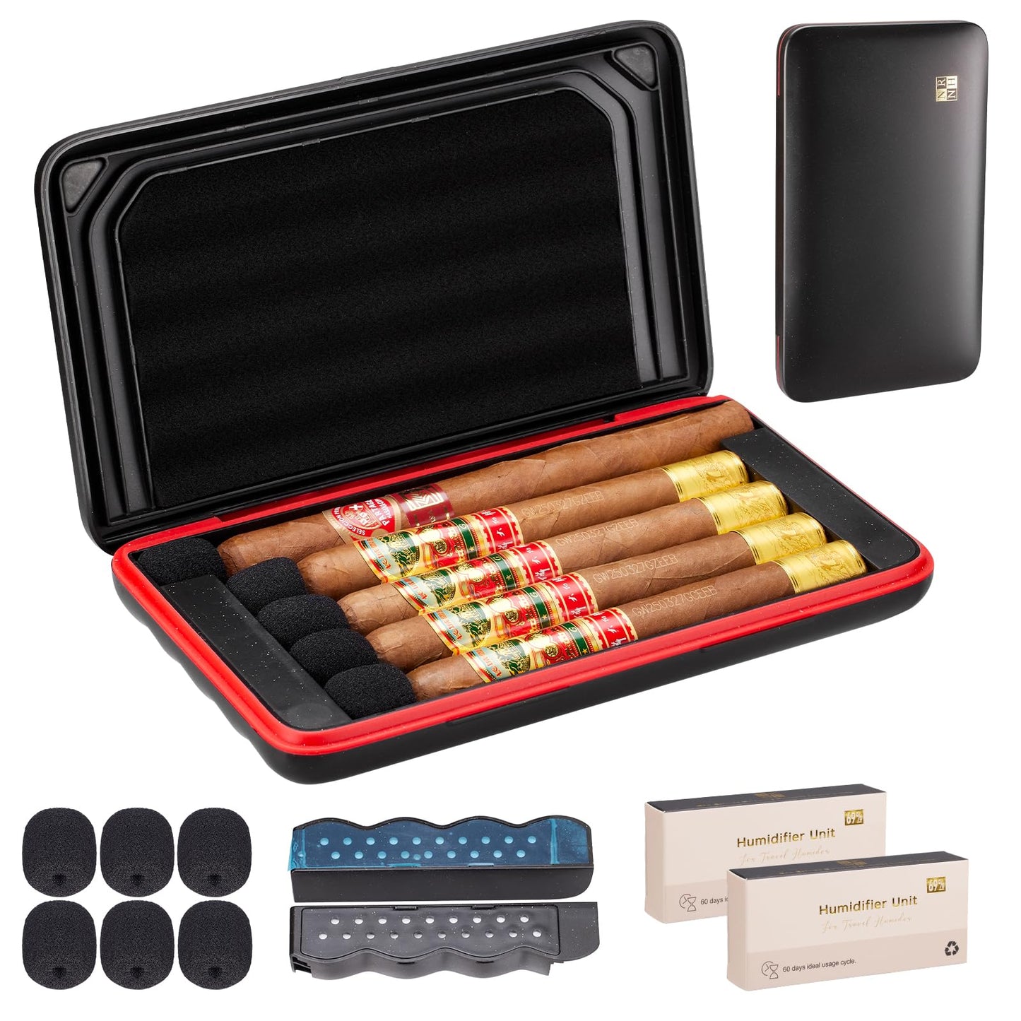 Portable Cigar Humidor Case, Magnetic Closure, Airtight Two-Way Humidity Control (69% RH) Ultra-Light Travel Cigar Box, Crushproof and Waterproof, Replaceable Humidifier Disc, Holds up to 5 Cigars