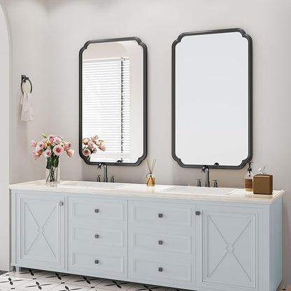 26"x40" Rustproof Bathroom Mirror Black, Round Corner Metal Frame Wall Mirror, Horizontal/Vertical Hanging Over Sink, Bedroom Bathroom Decor