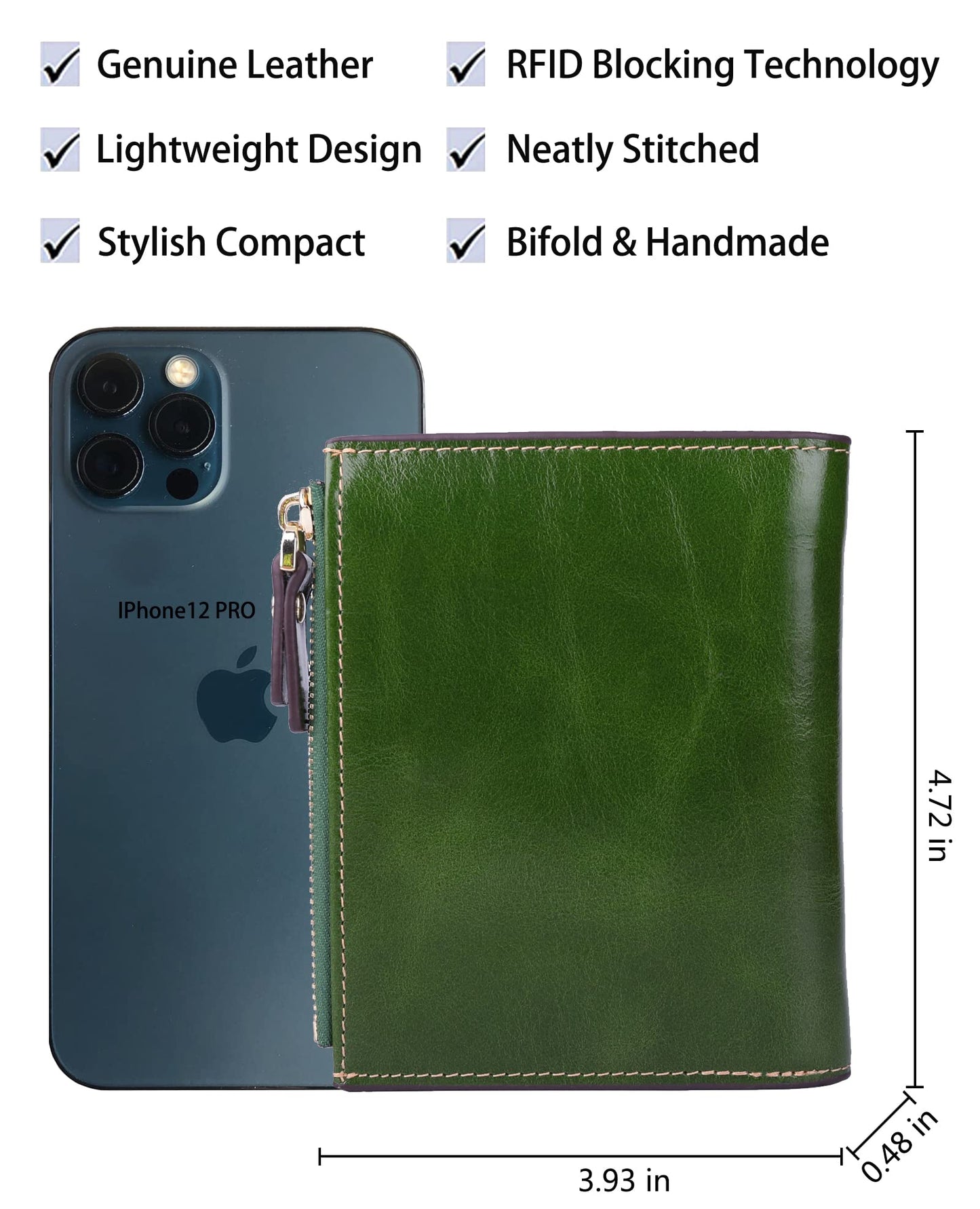 AINIMOER Women's RFID Blocking Leather Bi-fold Wallet, Waxed Green