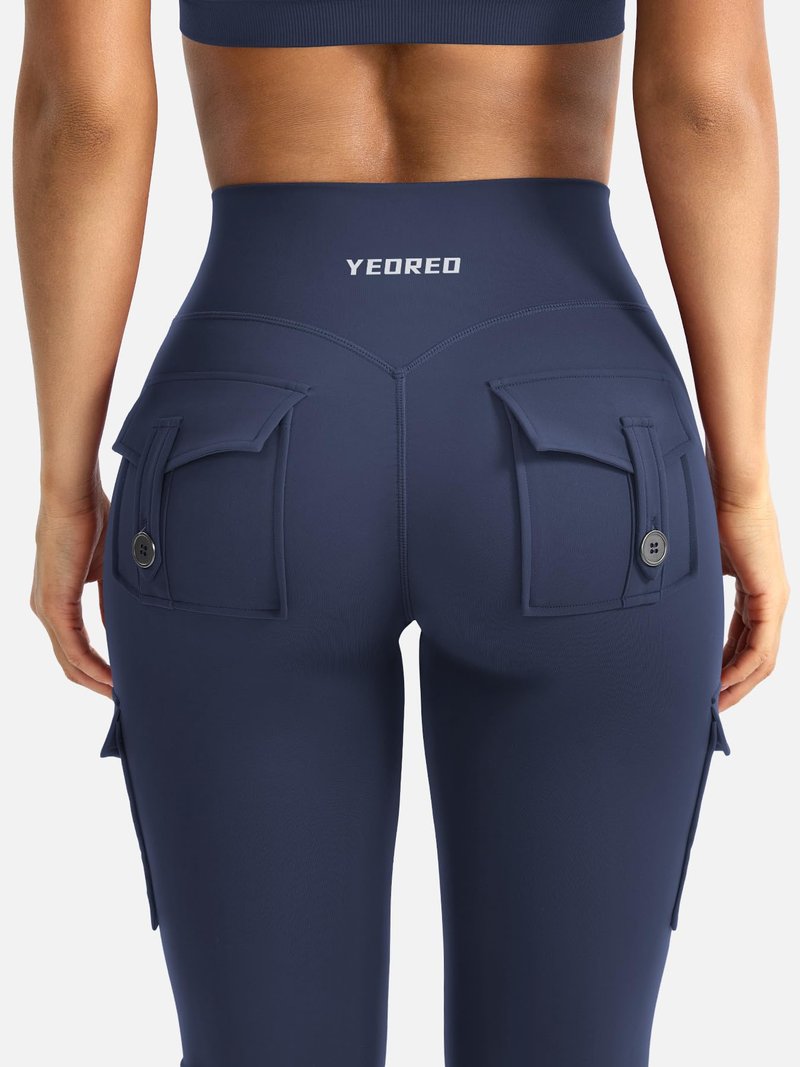 YEOREO CoreFlex Women Workout Flare Leggings with Pockets Hidden Scrunch Cargo Gym Yoga No Front Seam Leggings Navy M
