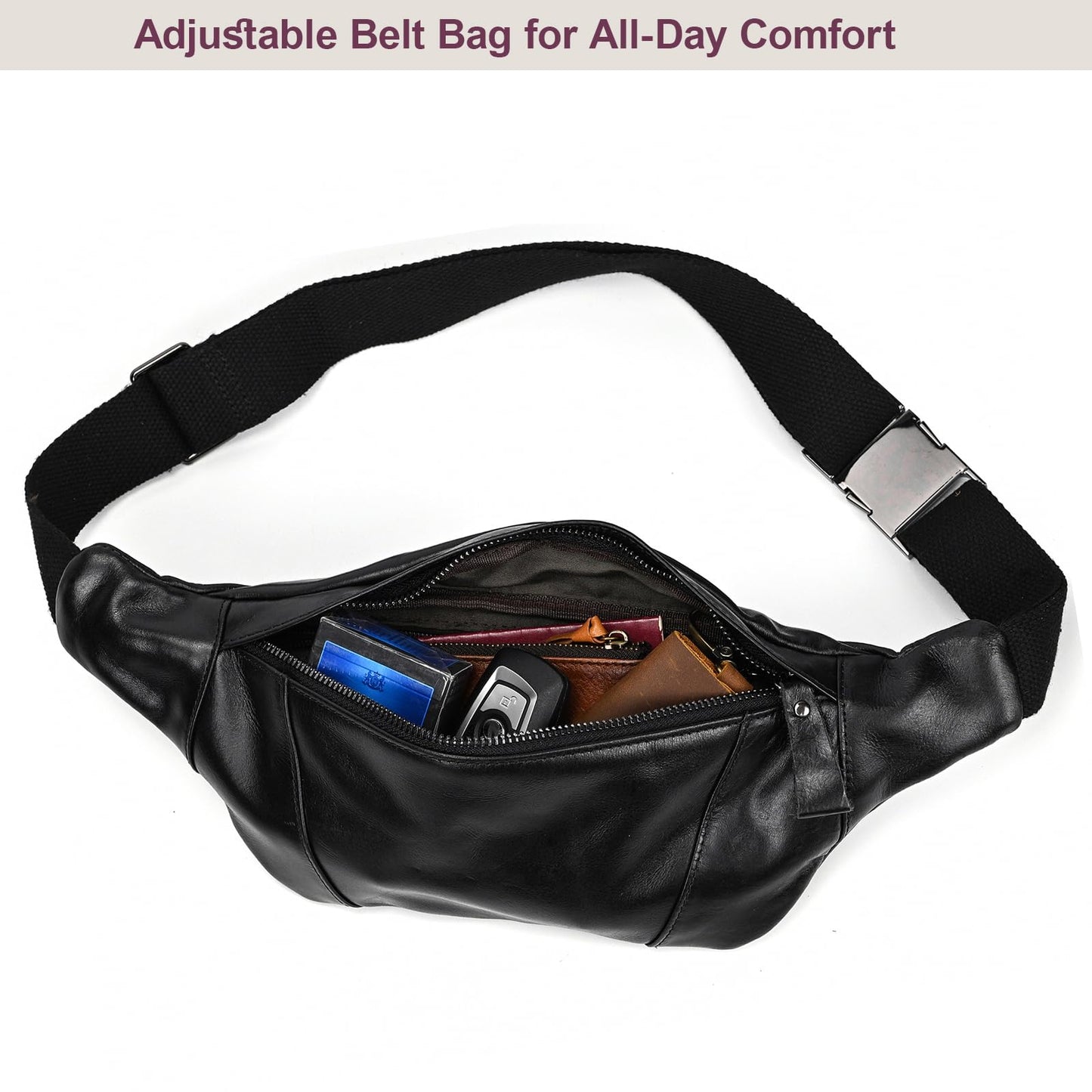 Yevabo Genuine Leather Waist Bag for Men Women, Fanny Pack with Multi-Pockets, Adjustable Strap for Travel, Hiking & Daily Use, Black