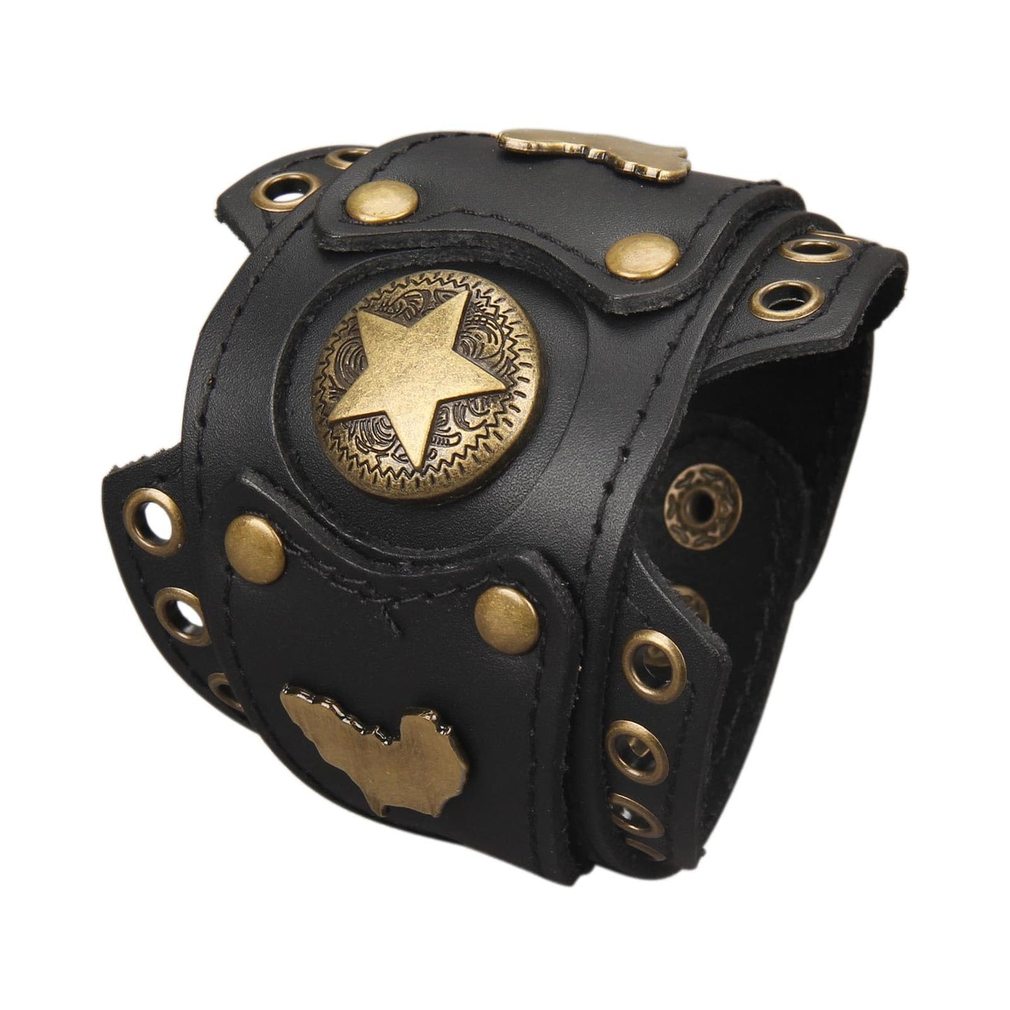 GelConnie Womens Black Leather Cuff Bracelet Wide Leather Biker Cuff Bracelet for Men Star Studded Punk Rock Wristband Gothic Bracelets