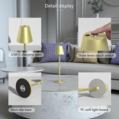 2Pack LED CordlessTable Lamp,4000mAh Rechargeable Battery Desk lamp,3 Level Brightness Night Light, Simple Design, for Couple Dinner/Coffee Table/Restaurant/Bedroom(Champagne Gold 2Pack)