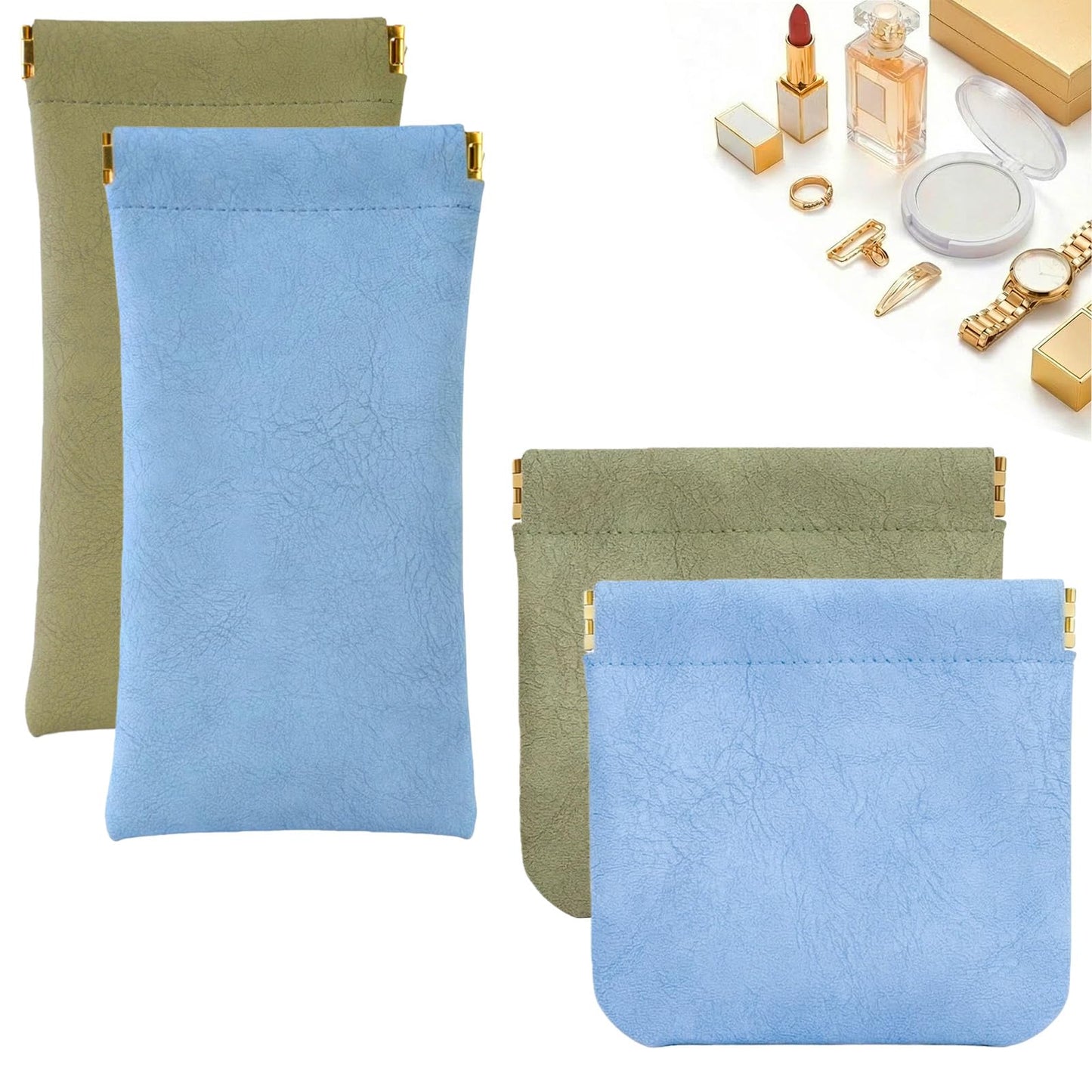 4Pcs Small Makeup Bag for Purse, Mini Leather Pocket Cosmetic Bag for Women, Small Lipstick Purse Pouches for Purse, Small Coin Purse Organizer Pouches, Portable No Zipper Makeup Pouch (Blue, Green)