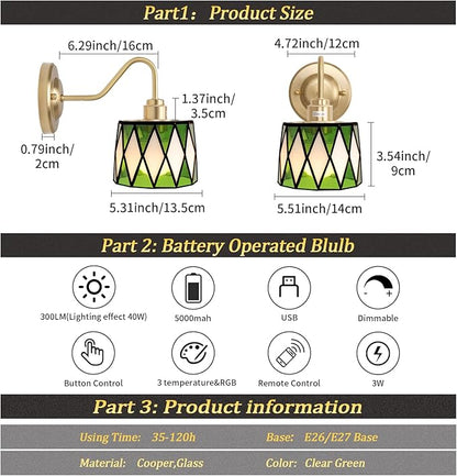Vintage Battery Operated Wall Sconce Set of 2, 5000mAh Rechargeable Wall Lamp 12 RGB Colors Dimmable, Gold Lights Fixture for Bedroom Bathroom Living Room Hallway Clear Green Checker