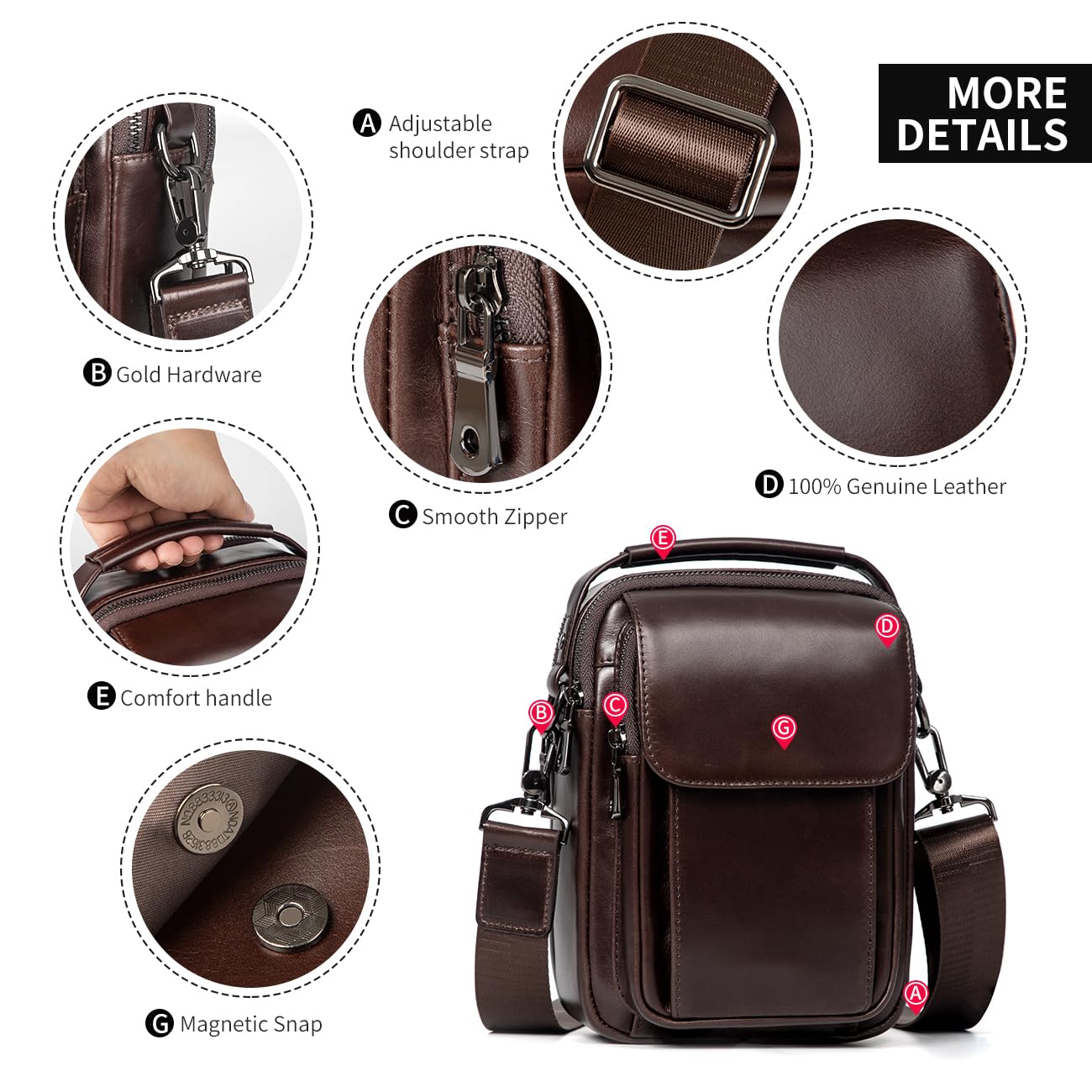 Augus Leather Small Messenger Bag For Men Crossbody Handbag Shoulder Sling Travel Bags for Men Purse Daypack Magnetic Buckle (Coffee)