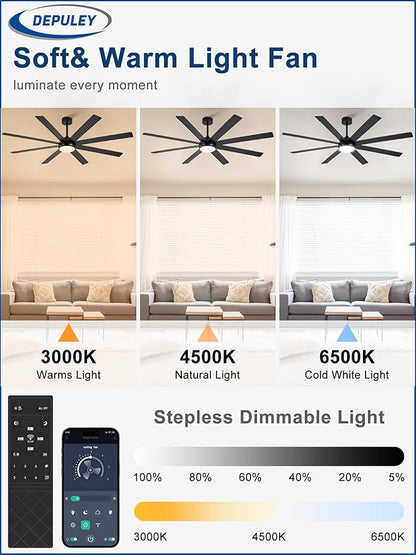 Depuley 66" Ceiling Fans with Lights: Black Indoor/Outdoor Ceiling Fan for Patios Living Room - 8 Blades Dimmable Large Ceiling Fans with Remote APP Control Timer Reversible Quiet DC Motor 6 Speeds