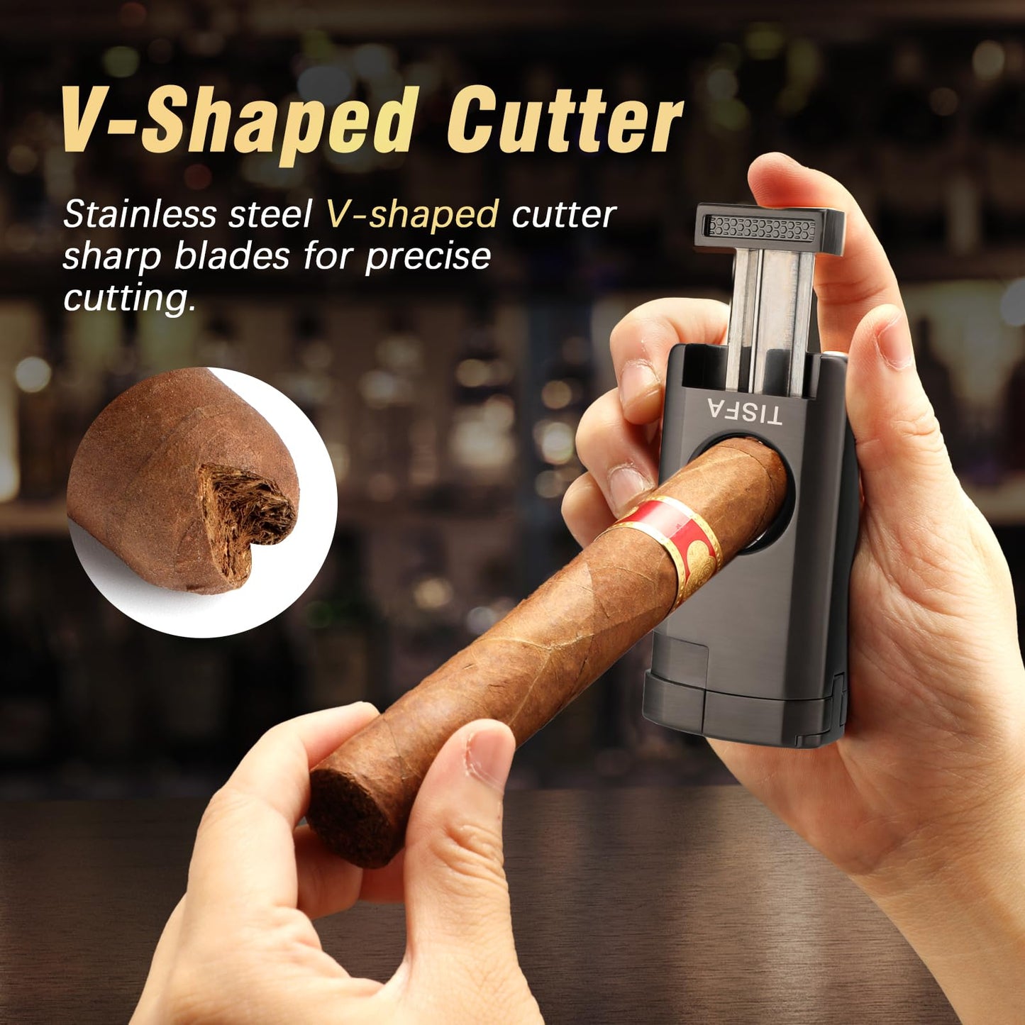 TISFA Cigar Humidor, Leather Cedar Wood Cigar Case with Cigar Lighter, V Cut Cigar Cutter, Cigar Holder 3 in 1, Portable Travel Cigar Humidor Box with Humidifier (Black)