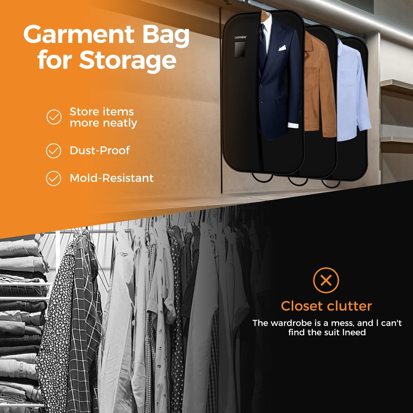 LAZYSEAL 2 Pack 43" Garment Bag for Suit Closet Storage, Tear-Resistant Waterproof Dustproof, Suit Bag for Hanging Clothes with Zippers, Durable 600D Oxford Fabric for Suits, Dresses