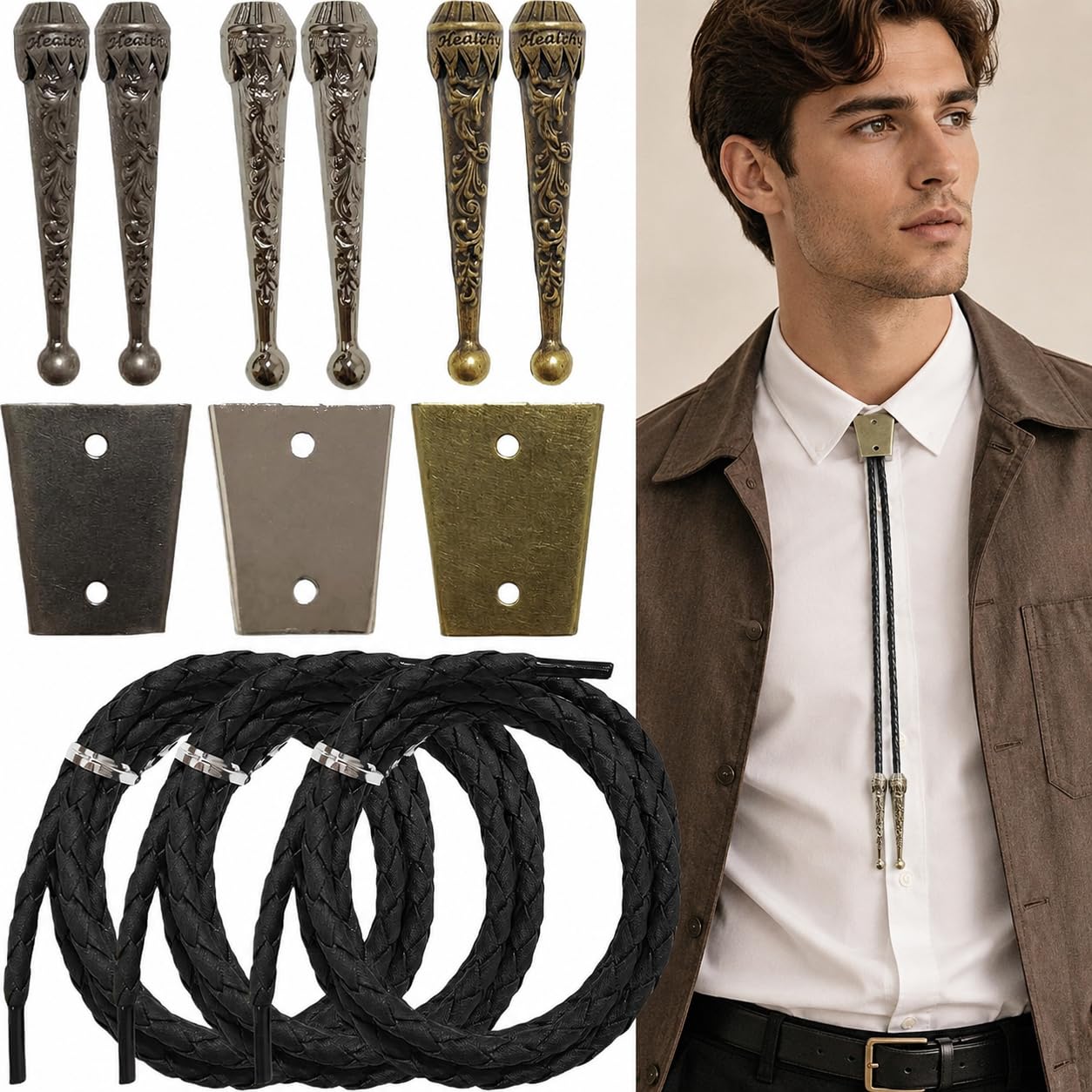 VTOS 3 Sets Bolo Tie Findings Kits with Iron Slide Clasp Buckle, Alloy Replacement End Tips, and Braided Necktie Leather Cord for Men Women