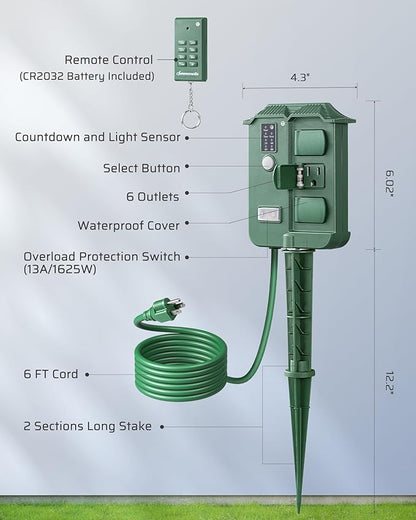 DEWENWILS Outdoor Power Stake Timer Waterproof, 6 Grounded Outlets, 6FT Extension Cord, 100FT Wireless Remote Control, Photocell Dusk to Dawn Timer for Christmas Lights, Garden, UL Listed