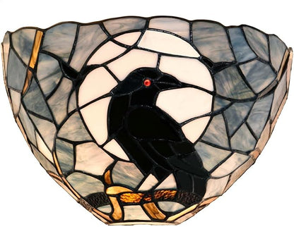 Bieye L10958 Raven Sitting on Tree Branch Against Full Moon Tiffany Style Stained Glass Wall Sconces Light Fixture for Home Decor