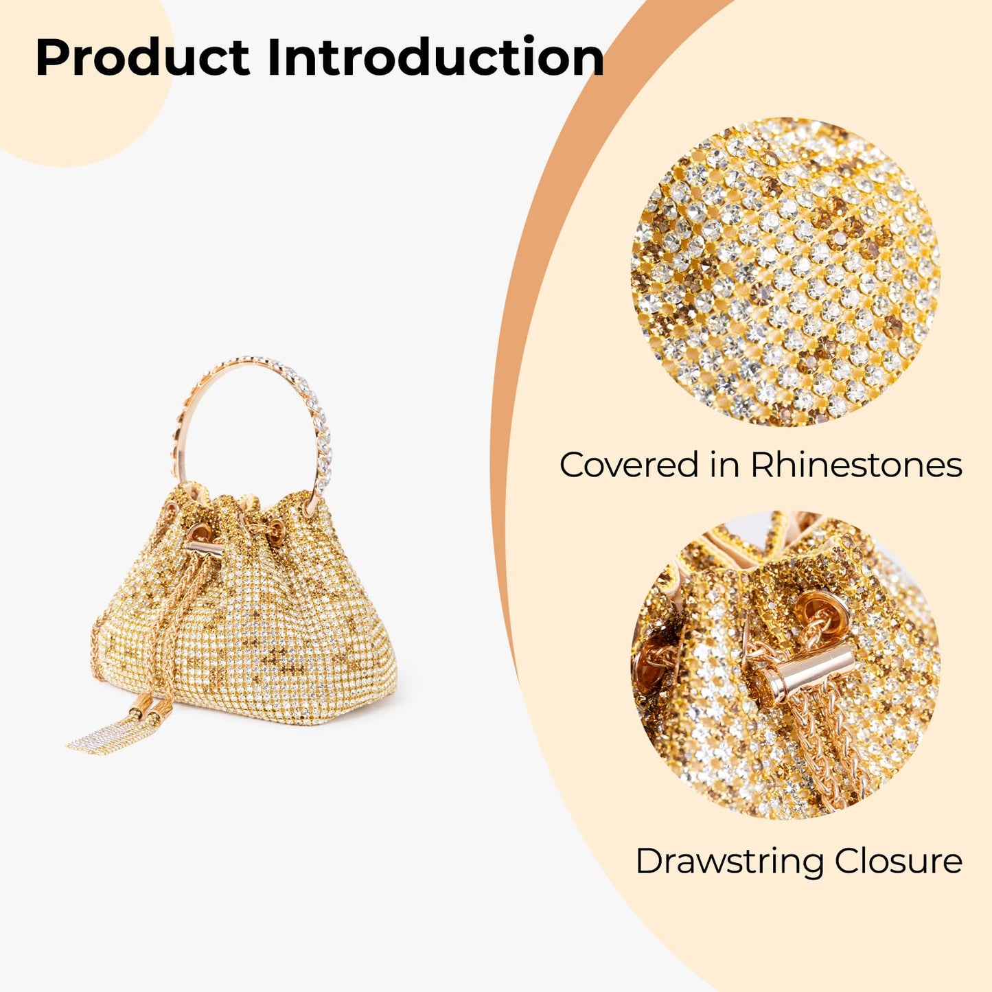 frrbuu Gold Rhinestone Bucket Bag with Drawstring Closure, Crystal Embellished Evening Purse with Chain Strap
