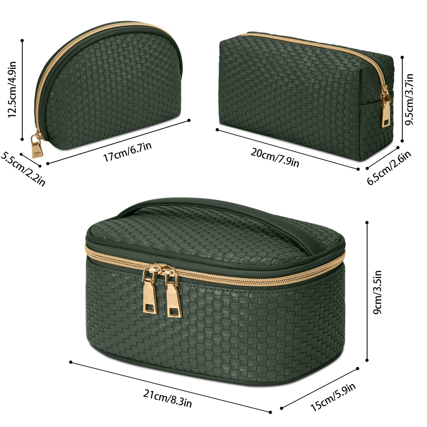KTMOUW Makeup Bag 3 Pcs Waterproof Cosmetic Bag Set Portable Travel Cosmetic Bag Multifunction Organizer Storage Bag Weave Toiletry Bag for Women, Deep Green