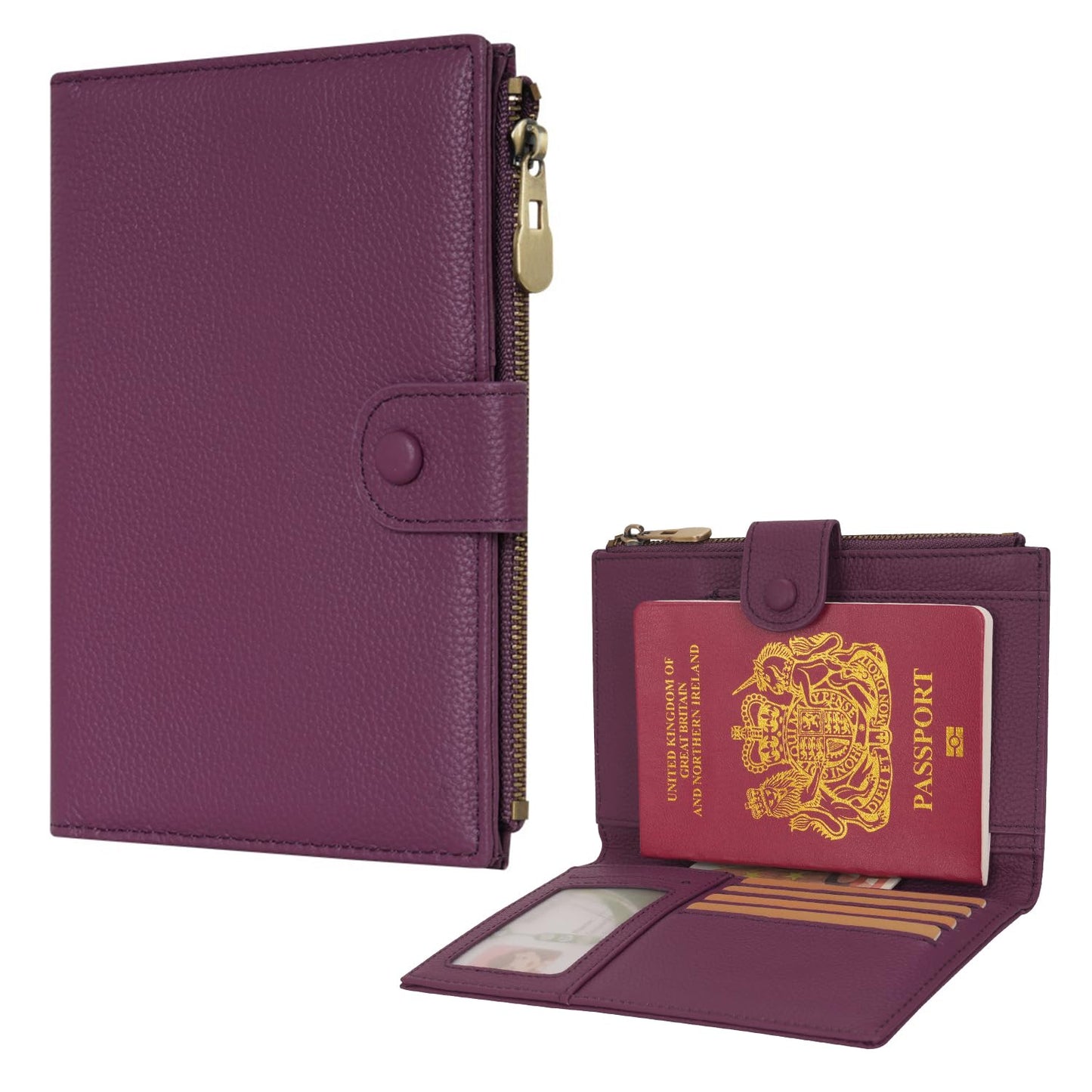 WASON Leather Passport Cover Travel Wallet RFID Blocking – Passport Holder Slot with Zipper Pocket for lD, Boarding Pass,Ticket, Cash, SD Card, Travel Essentials for Men and Women (Purple)