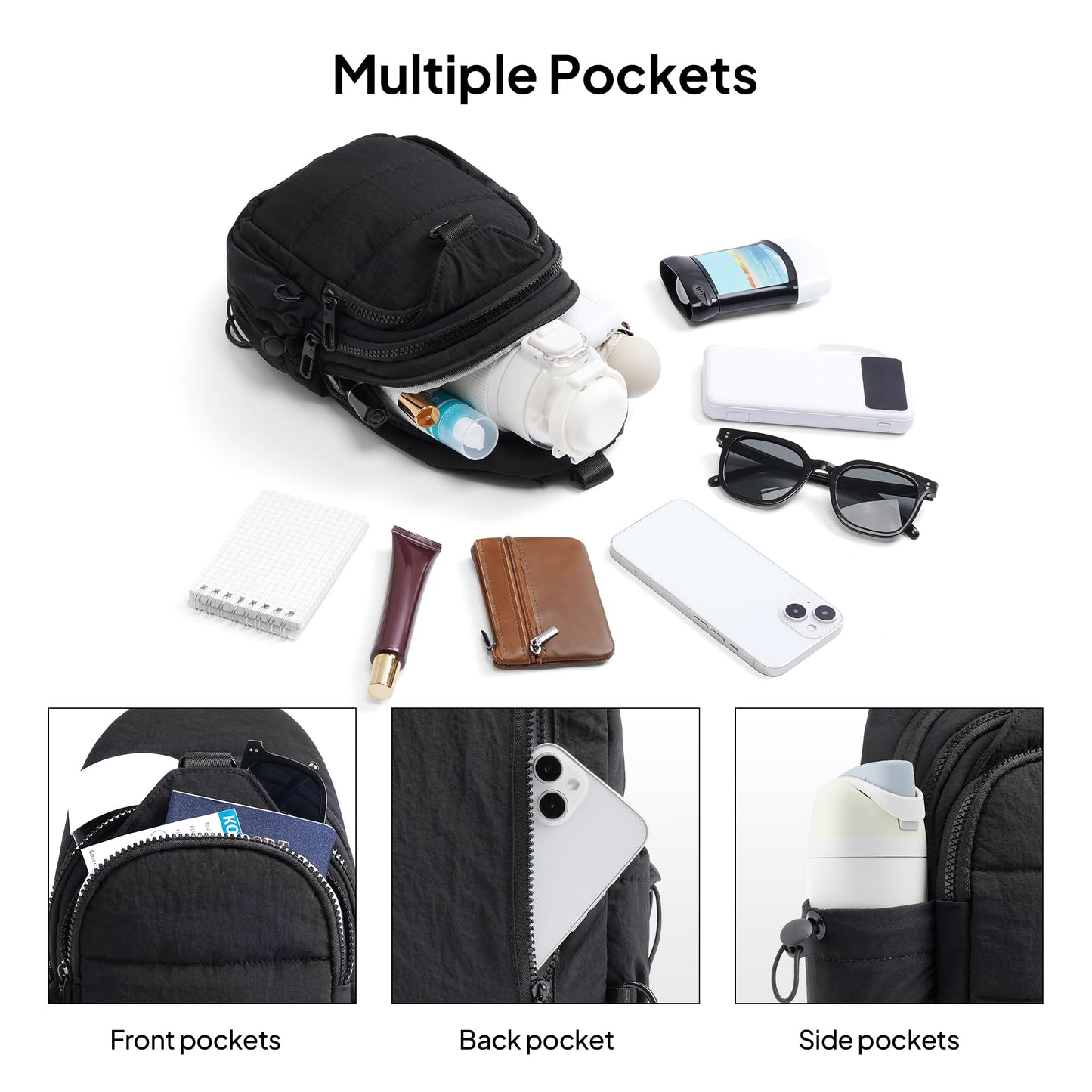 TOPEAST Sling Bag for Women, Anti-Theft Crossbody Bag with RFID Blocking & Water Bottle Holder for Travel, Lightweight Puffer Cross body Purse for Daily Hiking, Water-resistant, Black
