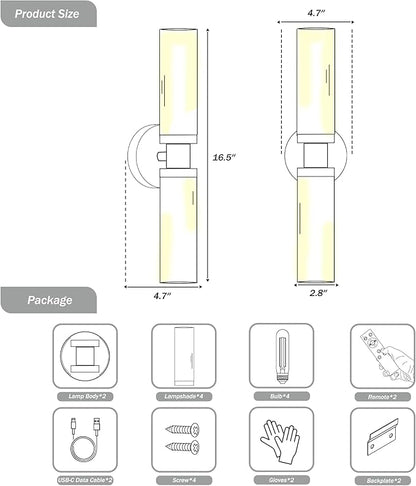 Rechargeable Battery Wall Sconce Set of Two, 8000mAh Cordless, Dimmable, Timer, Remote, Touch Control, 3000K, USB-C Charging for Living Room Gold with White Lampshade (Include 4 Special Bulbs)